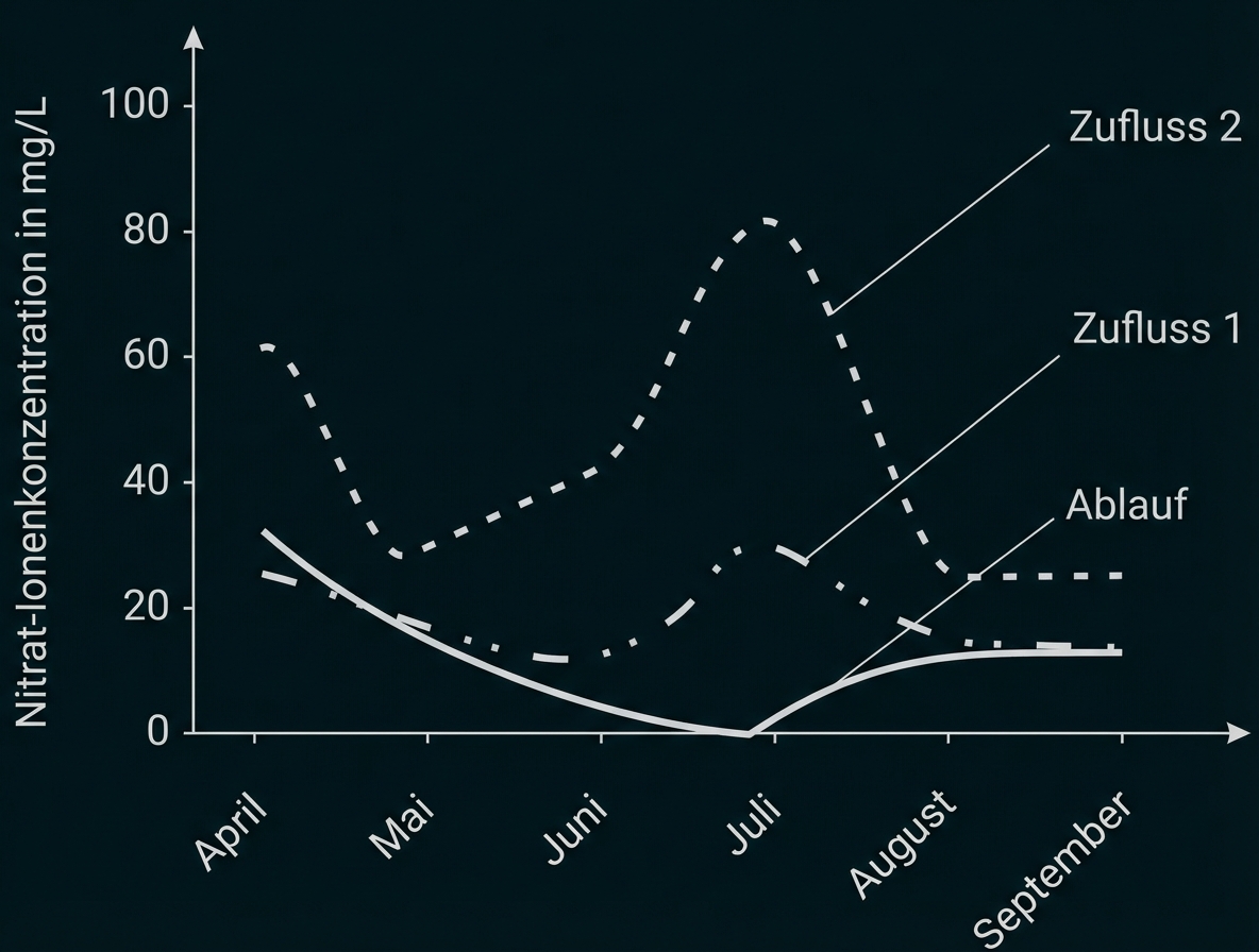 Liniendiagramm: Nitratkonzentration Apr–Sep mit drei Kurven (Zufluss 2, Zufluss 1, Ablauf)